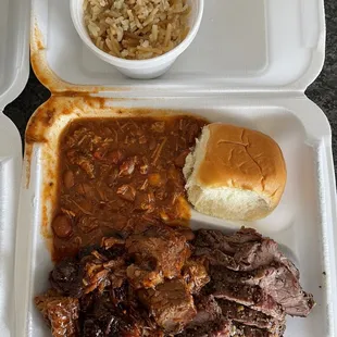 Rice, beans, brisket and tri tip
