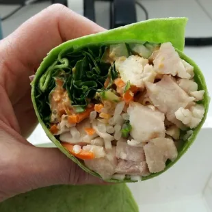 a hand holding a wrap of food