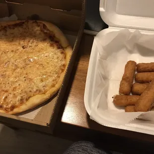 Cheese pizza and mozzarella sticks.