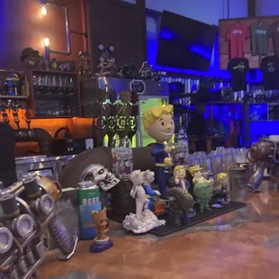 a display of beer and toys