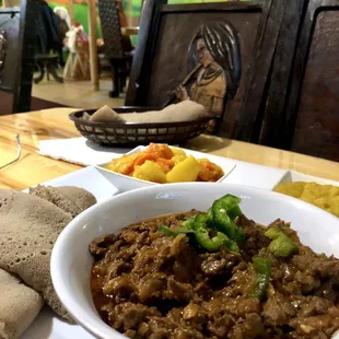 Awaze tibs, potatoes and lentil sides