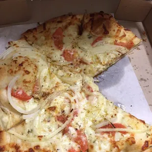 a sliced pizza in a box