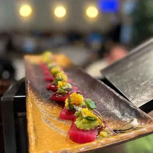 a long rectangular plate of food