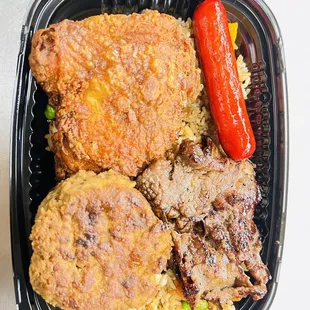 Bento (chow funn, fried chicken, Teri hamburger, Teri beef and hotdog
