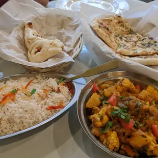 Aloo Gobi, rice, naan, and garlic naan