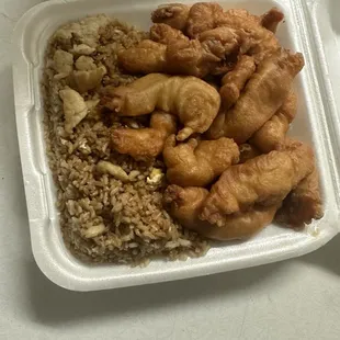 Sweet and sour chicken and chicken fried rice