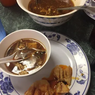 Hot and sour soup and crab puffs