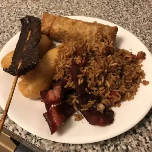 Pork fried rice, egg roll, beef teriyaki, chicken fingers, boneless spare ribs