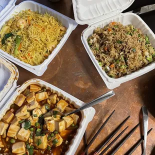 Mapow tofu, Singapore noodles and veg fried rice