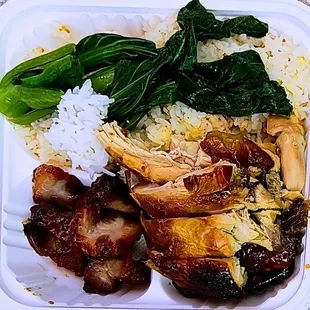 $7 lunch special, char siu, chicken, choi sum and mochi style rice. Wot a deal!