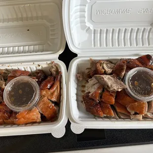 One whole roast duck with half in each container