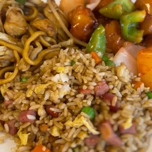 Chow mein, bbq pork fried rice, sweet and sour pork