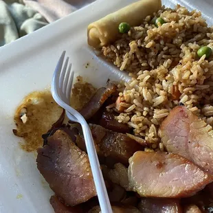 BBQ pork &amp; fried rice. they sent it home in a styrofoam container that you can see is melted from them nuking my order! HORRIBLE