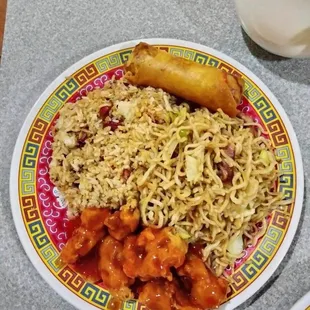 Sweet-and-sour, pork and fried rice and egg roll