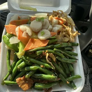 L20 Lunch Special. Beef string beans, chicken chow mein and veggies sub out fried rice $2 up charge.