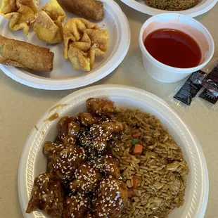 a plate of chinese food with rice and meat
