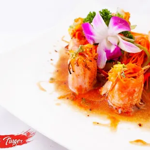  plate of food with shrimp and vegetables