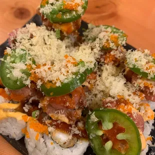 Refrigerated sushi with cold shrimp tempura inside