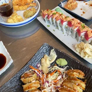 tempura shrimp and veggies, garlic edamame, crunchy roll, dream roll, gyoza