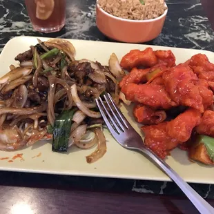 Mongolian beef and sweet and sour chicken. Combo special