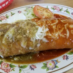 Asada burrito wet my way, half red &amp; half green sauce..