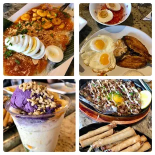 Pancit palabok, bansilog and salted egg salad, halo halo, sisig and lumpia.