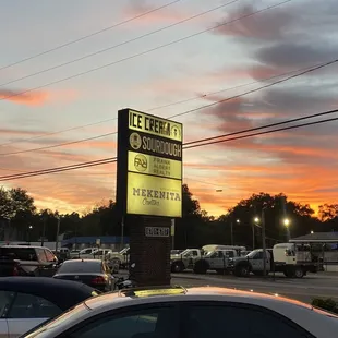 a parking lot at sunset