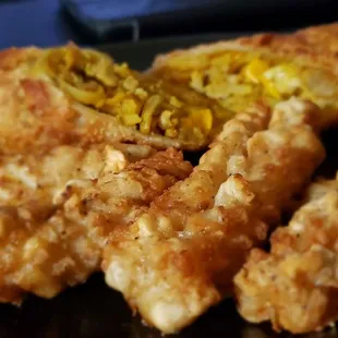 Air fryer leftovers, curry egg roll and crispy calamari