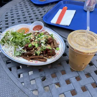 a plate of food and a drink