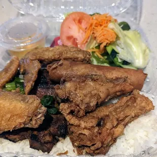 Rice Plate Combo (Pork Chop, Chicken Wings and Egg Roll)