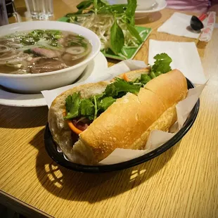 Rare Beef, Brisket &amp; Flank Pho and Grilled Pork Patties Banh Mi