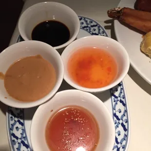 Variety of sauces for appetizer platter.