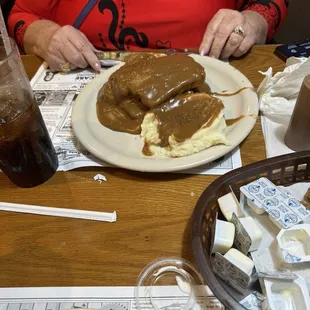 Meatloaf sandwich, homemade mashed potatoes and gravy