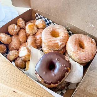 Donut holes, raised glazed, chocolate covered raised glazed, twist