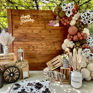 Western theme decor with wood panel wall and balloon decoration complimented this beautiful outdoor vineyard