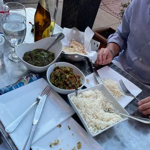 Okra, Lamb Saag, Garlic Naan Bread, Taj Mahal beer