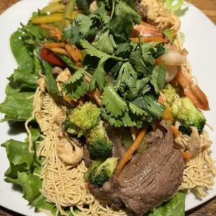 a plate of noodles with meat and vegetables