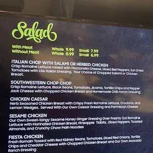 Updated salad menu