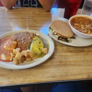 Divorced eggs plate and Pozole (pork)