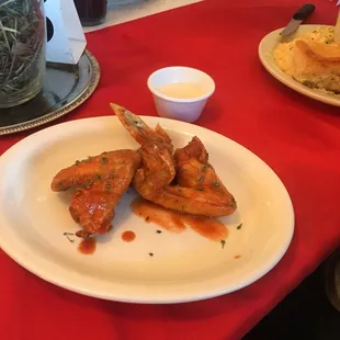 3 piece wings - mild wing sauce not as mild as you&apos;d think. (Wonder what the hot and suicide ones are like!!)