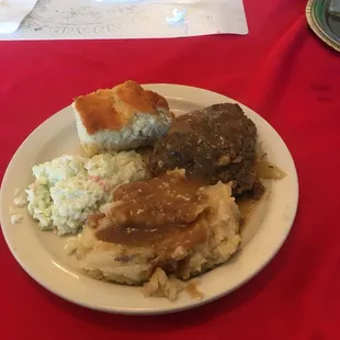 Friday special Hamburger Steaks, mashed potatoes and gravy, coleslaw and cornbread. Fantastic meal!