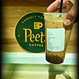 Custom oat milk iced latte with cinnamon and vanilla. Good strong brew and quality flavor profile. Peet's would be proud!