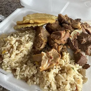 Pork, rice, tostones