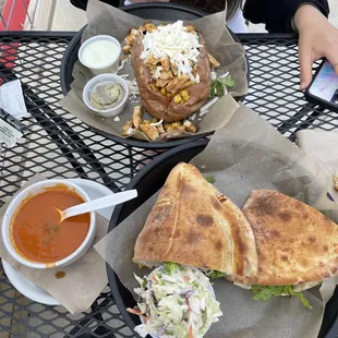 Greek Sandwich Tomato Basil Soup and Spiced Chicken Sweet Potato