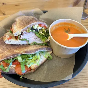 Italian flatbread sandwich with tomato soup