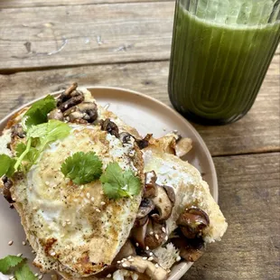 Miso Mushroom toast with Purple Drink