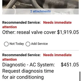 Estimate  of repairs needed from Audi Dealership of El Paso  to be checked out it cost over 1,000.00 for service.