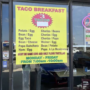 Breakfast taco specials $3.99/3 tacos
