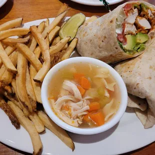 Buffalo chicken wrap with fries and chicken noodle soup