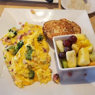Ham, 2 cheese, broccoli scramble, English muffin, fruit